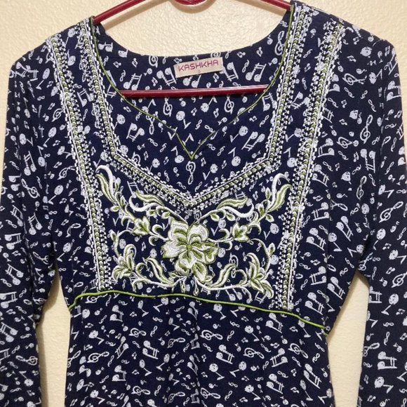 Kashkha Womens Dark Blue Music Note Pattern Embroidered Long Sleeve Maxi Dress S - Picture 4 of 8